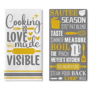 lot 4411 image: Croar Kitchen Inspirational Quote Dish Towels Set of 2, Funny Cooking is Love Utensil Kitchenware Drying Hand Towel Baking Cloth, Grey Yellow Farmhouse Bathroom Home Decoration 18 x 26