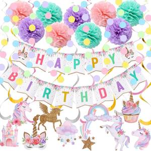 lot 4446 image: Unicorn Birthday Decorations, Happy Birthday Banner,9pcs Tissue Paper Pom Poms,10pcs Hanging Swirls,Macaron Circle Dots Garland for Unicorn Party Decorations, Girls Bday Party Decorations