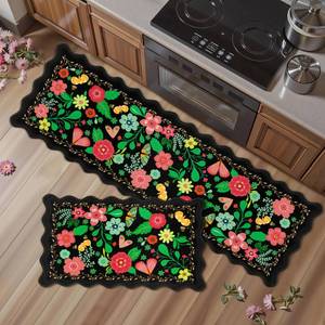 lot 5343 image: Arenarug Scalloped Black Kitchen Mats for Floor 2PC Cushioned Anti Fatigue Kitchen Mats Rugs Waterproof Non Slip Farmhouse Boho Floral Comfort Foam Standing Mat for Sink Laundry