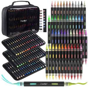 lot 6032 image: JusArt Acrylic Brush Markers, 96 Colors Brush Tip Acrylic Marker Set, 48 Dual-Tip Water Based No Bleed Markers with Automatic Ink Control for Wood, Rock, Fabric, Canvas, Glass, Eggs and DIY Crafts