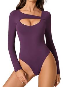 lot 6047 image: Avidlove Women Long Sleeve Bodysuit Scoop Neck Cutout Thong Body Suits Double Lined Slim Fitted Leotard Going Out Tops size L