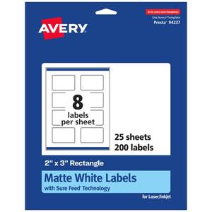 lot 6049 image: Avery Matte White Rectangle Labels, Sure Feed Technology, 2in x 3in, 200 Matte White Printable Labels
