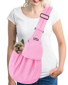 lot 6062 image: Lukovee Pet Sling, Hand Free Dog Sling Carrier Adjustable Padded Strap Tote Bag, Shoulder Bag with Safety Belt and Front Pocket for Small Dog Cat Puppy (Pink-WY,M)
