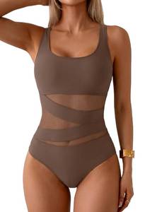 lot 6085 image: B2prity Womens Mesh One Piece Swimsuit Tummy Control Sexy Bathing Suit Push Up Swim Suit Slimming Swimwear Brown size XL