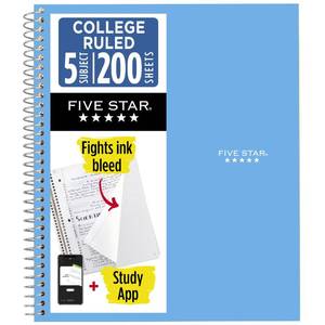 lot 6092 image: Five Star Spiral Notebook  Study App, 5 Subject, College Ruled Paper, 8-12in x 11in, 200 Sheets, Fights Ink Bleed, Water Resistant Cover, Pacific Blue (73635)