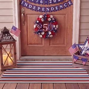 lot 6094 image: Moucuny Red Blue White 4th of July Striped Rug 250 Anniversary Mat Patriotic Outdoor Front Porch USA Door Mat Welcome Layering Rug 4th of July Doormat for Entryway Farmhouse Decor(24 X 37)