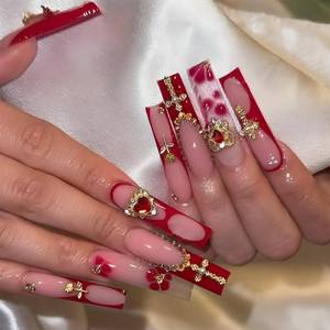 lot 6100 image: IMRAIN Red Press on Nails Long Square Fake Nails French Tips Acrylic Glossy False Nails with Golden Cross Charms and Rhinestone Designs Full Cover Luxury Artificial Nail Supplies 24Pcs