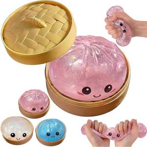 lot 6123 image: Glitter Dumpling Squishy,New Mystery Glitter Dumpling Squishies Box,Soft Squeeze Dough Ball for Stress Relief,Stretchy Bun with Mini Food Steamer Desk Fidget Toy for Adults Office Home (Glitter Pink)