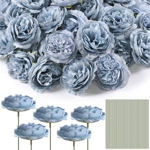 lot 6127 image: Thiccywoov 100 Pcs Flowers Long Stem Artificial Rose, 3.2 Inches Silk Rose Head Flowers Fake for Wedding Bridal Bouquet Independence Day Home Floral DIY Centerpieces Party Decoration (Dusty Blue)