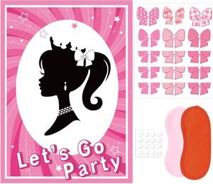 lot 6132 image: QISOLIY Pink Girl Party Game Decorations, Girl Princess Pin The Bow on The Head Party Game Supplies, Large Poster with 24 Pcs Bow Stickers Favors for Birthday Party