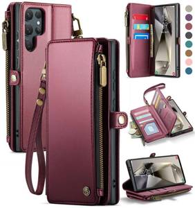 lot 6135 image: Defencase Compatible with Samsung Galaxy S24 Ultra Case Wallet with RFID Blocking Card Holder for Women, PU Leather Magnetic Snap Flip Zipper Strap Phone Case Fit for Galaxy S24 Ultra 5G, Wine Red