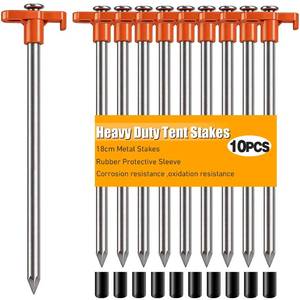 lot 6145 image: TEOYNGU 10PCS Tent Stakes,Heavy Duty Camping Tent Stakes Non-Rust Metal Tent Pegs for Garden,Hiking,Canopies,Tarp with 10pcs Rubber Protective Sleeve (Orange)
