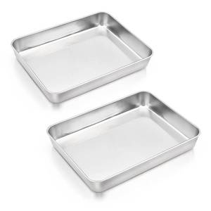 lot 11139 image: E-far Baking Pans Set of 2, 12.4in x 9.6in x 2in Stainless Steel Rectangular Cake Pans, Baking Sheet Pan for Lasagna Brownies Casseroles, Non-toxic and Healthy, Dishwasher Safe
