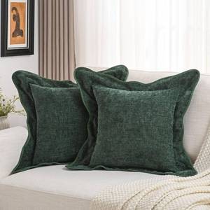 lot 11143 image: FUTEI Pack of 2 Solid Scalloped Bordered Throw Pillow Covers 18x18 Inch Soft Chenille Decorative Cushion Cases Farmhouse Accent for Couch Bed Living Room, Dark Green (Small Fringe)