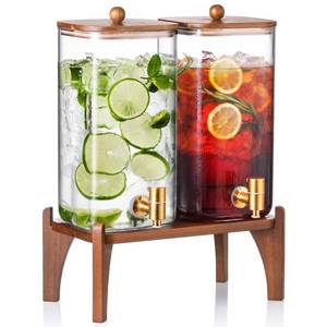 lot 11150 image: 2 Pack 1.5 Gallon Square Glass Drink Dispenser with Wooden Stand and Lid, Large Beverage Dispenser with Stainless Steel Spigot, Juice and Lemonade Dispenser for Parties, Iced Tea, Water, Space-Saving (Used)