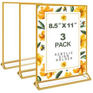 lot 11155 image: PUJIANG 3 Pack Acrylic Sign Holder 8.5 x 11 Inch Gold, Double Sided Clear Display Stand for Wedding Table Numbers, Menu Holder, Picture Frame, Crystal Plastic Sign Holder for Office, Restaurant, Party