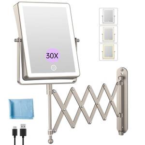 lot 11156 image: FASCINATE 5000mAh Rechargeable Wall Mounted Makeup Mirror with Lights, 8.7 Inch Double Sided Touch Switch 1X 30X Magnifying Bathroom Mirror, 3 Color Lights, Extended Arm 360°Rotation (Nickel)
