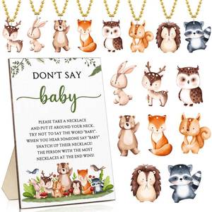 lot 11159 image: Roowest 51 Dont Say Baby Shower Game Woodland Baby Shower Decorations Included Woodland Game Sign Wood Table Sign 50 Felt Animal Necklaces for Gender Reveal Party Favors