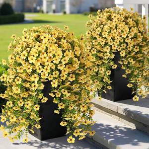 lot 11172 image: GLIDLION 4 PCS Artificial Morning Glory and Eucalyptus for Outside, Realistic Sun Resistant Fake Silk Hang Flower Faux Eucalyptus Leave for Patio Farmhouse Garden Porches Balcony Decor (Yellow)