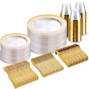 lot 11175 image: bUCLA 300Pcs Clear Gold Plastic Disposable Dinnerware Set - Clear Plates with Gold Trim Include 50 Dinner  50 Dessert Plates,50 Cups,150 Plastic Silverware Set for Party