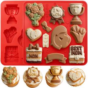 lot 12141 image: Mothers Day Silicone Molds, 2PACK Non-Stick Candy Baking Mold with inBest Momin, Trophy, Flower Bouquet, Heart, Gift Box Designs for Cake Decorating, Chocolate, Candy, Soap, Resin Crafts, Ice Cube