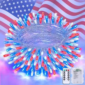 lot 12201 image: JMEXSUSS 33ft 100 LED Red White and Blue Lights Outdoor, 4th of July Lights Battery Operated with Remote, 8 Modes Patriotic Decorations for Indoor Outside Independence Day American Flag Holiday