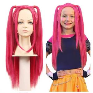 lot 12213 image: FantaLook Long Straight Hot Pink Cosplay Wig with 2 Ponytails for Women Halloween Party Costume