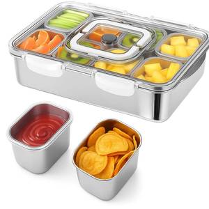 lot 13814 image: SiliFine Stainless Steel Snackle Box Container, 8 Compartment Divided Serving Tray with Lid and Handle, Portable Snack Platters Storage Organizer for Fruit Candy Nuts Veggie Travel Party Picnic