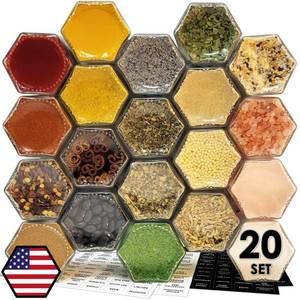 lot 13815 image: 20 Pack Magnetic Spice Jars for Refrigerator, Hexagon Glass Magnetic Spice Jar with Shaker Lids Label for Kitchen RV Travel Trailer Boat, Magnet Seasoning Containers for Fridge Cabinet Wall mount Rack