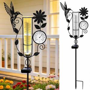 lot 13816 image: YJFWAL Hummingbird Rain Gauge Outdoor, Decorative Metal Sunflower Solar Rain Gauge with LED Light and Thermometer, Garden Decor for Yard, Lawn, Pathway, Farm