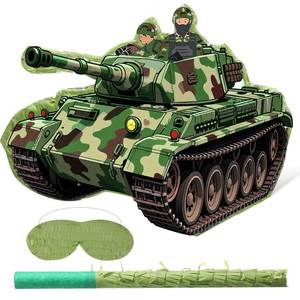 lot 13824 image: Pasimy Tank Piata with Blindfold and Stick Army Camo Tank Piata Bundle for Military Theme Birthday Baby Shower Camouflage Party Decorations Family Game Supplies, 15.75 x 10.31 Inch