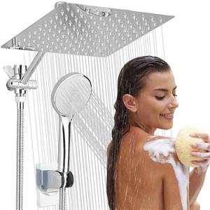 lot 13826 image: 10inRain Shower Head with Handheld Spray Combo, Stainless Steel High Pressure RainfallHandheld Shower Combo with Extension Arm, HeightAngle Adjustable Chrome