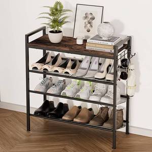lot 13842 image: neatevday 4 Tier Shoe Rack, Shoe Rack for Entryway with Hook, Shoe Organizer with Adjustable Mesh Shelves, Metal Shoe Storage, Closet, Bedroom Living Room Garage