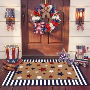 lot 13843 image: Duraaamo 2 Pcs Independence Day Door Mat 4th of July Outdoor Welcome Mats for Front Door Patriotic Non Slip Coir Floor Doormat Red White Blue Stripe Rug for Outside Porch Entryway Decor(Patriotic)