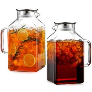 lot 13845 image: 2 Pack 1 Gallon Square Glass Pitcher with Lid and Spout, Borosilicate Glass Carafe for HotCold Drink, Water Pitchers with Handle for Fridge, Extra Large Jug for Iced Tea, Coffee, Juice, Beverage