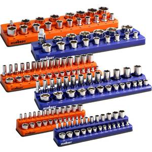 lot 13853 image: HORUSDY 6-Piece Magnetic Socket Organizer Set, 14in, 38in, 12in Drive Holders for 143pcs, Magnetic Trays for Socket Storage