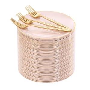 lot 13855 image: Rubtlamp 200Pcs Plastic Pink Dessert Plates with Disposable Gold Forks,Heavy Duty Pink Disposable Salad Platos,Gold Small Platos,Fancy Appetizer Plates for Mothers Day