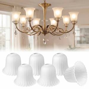 lot 13856 image: Gerrii 6 Pack Bell Shaped Frosted Glass Lamp Shades Replacement 1 58in Fitter Size x 5.12in Diameter x 6.7in Height White Frosted Globe Ceiling Fan Covers for Pendant Light Chandelier Wall Sconces
