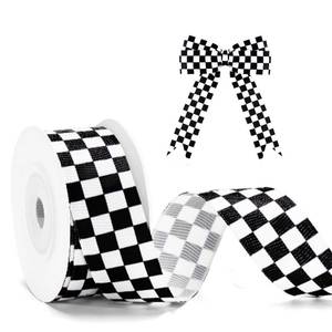 lot 14043 image: KINGLAKE Black and White Checkered Ribbon - Racing Car Theme Black Grosgrain Buffalo Plaid Ribbon for Gift Wrapping, 1 in x 10 Yds White Gingham Ribbons for Crafts, Wreath, and Racing Cakes Decor