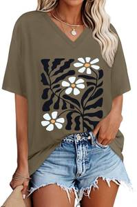 lot 14058 image: Oversized Tshirts for Women V Neck Short Sleeve Summer Casual Basic Loose TopsDark Green FlowerXL