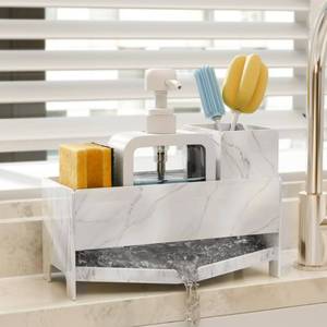 lot 14067 image: TIDIIABODE Sponge Holder for Kitchen Sink - White Marble Acrylic Sink Caddy with Brush Slot, Countertop Soap Organizer for Modern Kitchen, Self-Draining Storage Rack, 9.2in Large Capacity