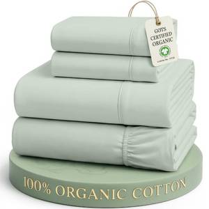 lot 14073 image: LANE LINEN 100percent Organic Cotton Queen Sheets, Fully Elasticized Soft and Comfy Classic Percale Weave, Low Pill Fade Resistant Machine Washable Sheet and Pillowcase Sets, 15in Deep Pocket- Cool Blue