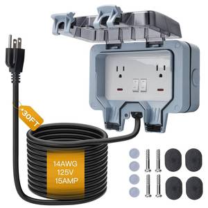 lot 14497 image: STARELO Outdoor Power Outlet with 30FT Extension Cord, IP66 Waterproof Outdoor Wall Power Socket with Cover, 125V 15Amp 2-Gang Switched Wall Plug Socket Box with Switch On-Off and LED Indicator