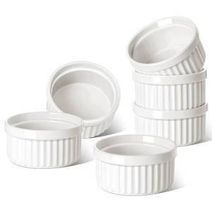 lot 17262 image: LE TAUCI Ramekins 6 OZ, Ceramic Souffle Dishes, Oven Safe Custard Cups for Baking, Creme Brulee, Pudding, Dessert, Microwave and Dishwasher Safe, Set of 6, White