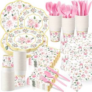 lot 17263 image: Yungyan 194 Pcs Floral Party Supplies Valentines Pink Floral Scalloped Plates and Napkins Tablecloth Cups Bridal Shower Disposable Tableware Set for Wedding Birthday Baby Shower Tea Party Decoration
