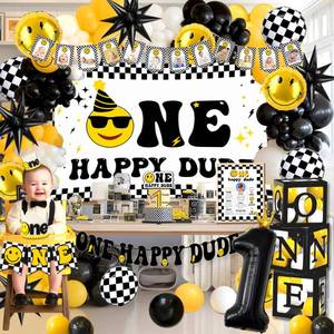 lot 18145 image: One Happy Dude Birthday Decorations, One Happy Dude 1st Birthday Decorations, Backdrop Balloon Garland Monthly Photo Highchair Banner Cake Topper Tablecloth