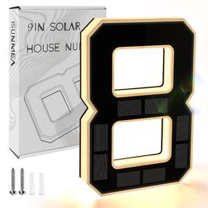 lot 18191 image: ISUNMEA 9 Inch Solar Lighted House Numbers for Outside, Light Up Waterproof LED Address Numbers Signs for Houses, Large Personalized Illuminated Exterior Modern House Numbers Light (8-Black, 9IN)