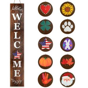 lot 19556 image: Perfnique Interchangeable Welcome sign for front porch standing, 47 x 7.9 Inch Black Wooden Leaner Sign with 10 Interchangeable Designed Icons, Morden Farmhouse Rustic Seasonal Decor for Spring