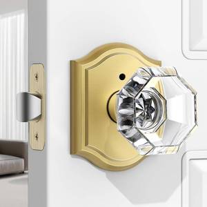 lot 19586 image: MAXECURITY 1 Pack Glass Door Knob, Octagon Shaped Crystal Door Knobs with Lock, Satin Brass Door Knobs Interior Glass