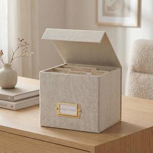lot 19587 image: ZICOTO Beautiful Greeting Card Organizer Box With Dividers - Sturdy Linen Storage Box Easily Organizes All Your Greeting Cards in Style - Cute Card Holder Safely Stores Up to 300 Small Or Large Cards